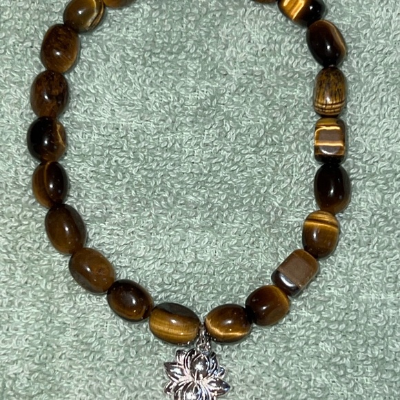 Natural Tigers Eye Yellow/Brown Stone Stretch Bracelet With 925 Dangle 7.5” - Picture 3 of 4